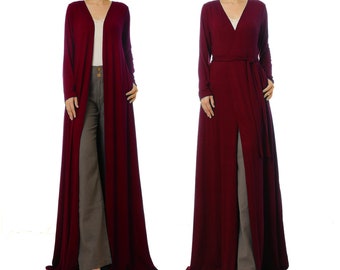 Burgundy Red Cardigan w Pocket | Long Sleeve Open Front Duster Robe Maroon | Comfy Loungewear Kimono House Robe Long Dressing Gown Robe 6599