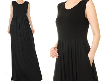 Black Maxi Dress Sleeveless Fit & Flare | Summer Long Black Dress Empire Waist | Floor Length Black Sleeveless Maxi Dress With Pockets 6629