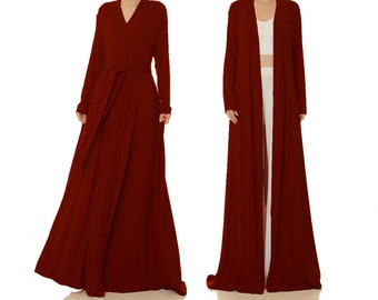Burgundy Robe For Women Long | Dressing Gown Red Cardigan | Floor Length Robe | Red Kimono Robe | House Coat Women | Long Red Dress 6712
