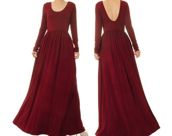 Long Sleeve Red Maxi Dress With Pockets | Low Back Burgundy Dress | Floor Length Evening Dress | Plus Size Fit & Flare Long Red Dress 6676