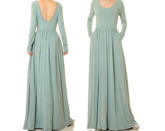 Low Back Maxi Dress With Pockets Mint Green | Long Sleeve Fit & Flare Floor Length Dress | Wedding Party Dress | Summer Open Back Dress 6673