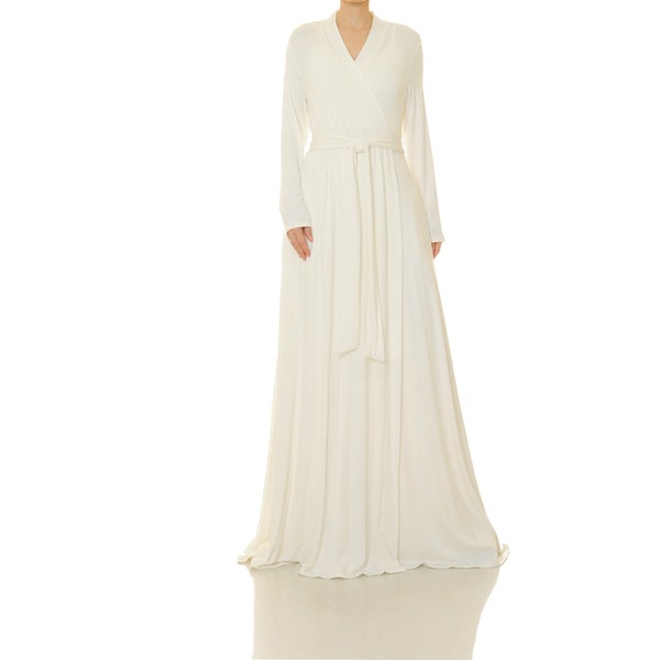 White Dressing Gown PETITE (55"-57" LONG) | Getting Ready Robe For Bride | White Long Robe Kimono | White Wedding Robe | Lounge Robe 6701