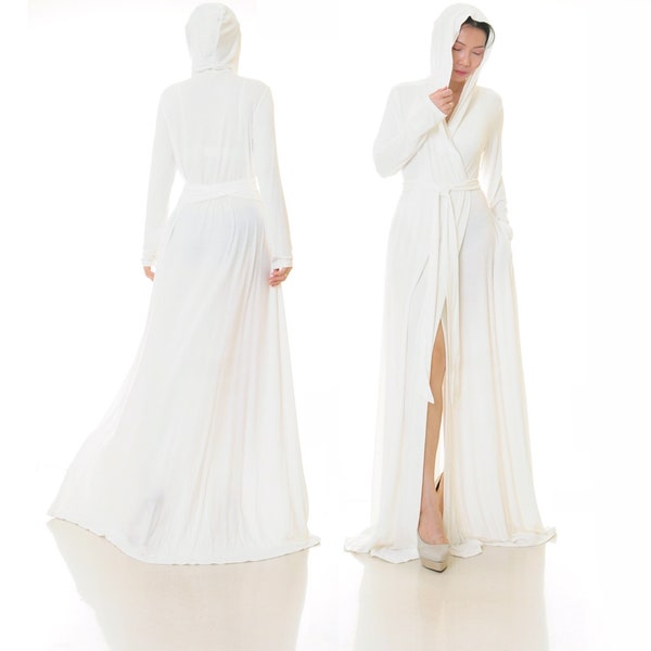 Robe de mariée blanche pour mariée | Robe de chambre mariée | Peignoir de préparation | Robe de mariée Kimono | Peignoir blanc long | Cadeau pour la mariée | Maxi sweat à capuche 6708