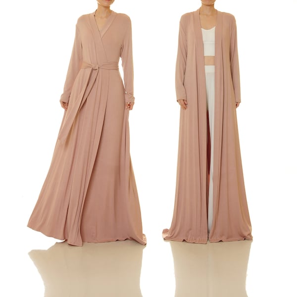 Dusty Pink Dressing Gown | Full Length Belted Wrap Robe w/ Pockets | Kimono Robe Knitwear Lounge Dress | Bridesmaids Getting Ready Robe 6697