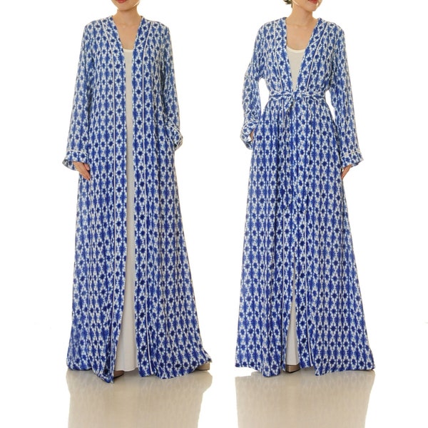 Kimono Robe Indigo Batik Ikat | Open Front Duster Cardigan Pockets | Boho Beach Long Robe | House Robe Loungewear Summer Kimono Jacket 6695