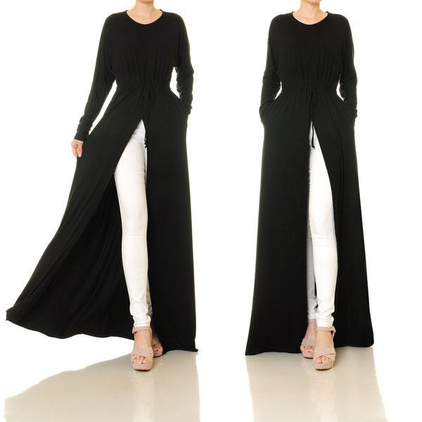 Black Kaftan Dress with Front Slit | Dolman Sleeve Long Black Dress with Pockets and Drawstring Waist | Open Leg Black Abaya Maxi Dress 6610