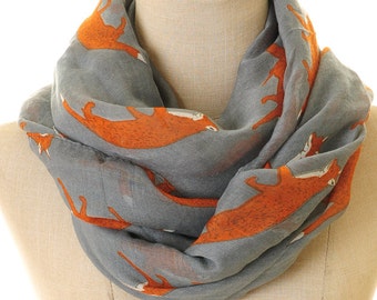 Grey Fox Scarf | Fox Infinity Scarf | Fox Shawl | Loop Scarves | Headscarf Wrap | Animal Print Scarf | Fox Neck Scarf Gift | Fox Shawl S-52