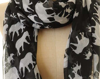 Elephant Scarf | Elephant Infinity Scarf | Summer Scarf | White Elephant Scarf | Elephant Shawl | Black Scarf S-97