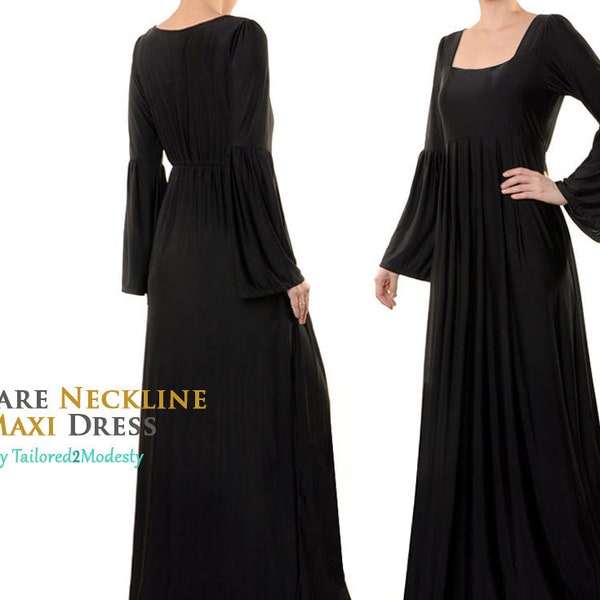 Square Neckline Black Abaya Dress Long Bell Sleeve | Long Black Dress Plus Size | Empire Waist Pleated Maxi Dress | Funeral Dress 3X 4X 5000
