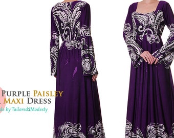 Purple Paisley Abaya Maxi Dress | Bell Sleeve Boho Maxi Dress With Sleeves | Long Sleeve Maternity Dress | Square Neck Dress 6006/2865