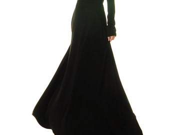 Long Sleeves Long Black Dress Fit Flare ...