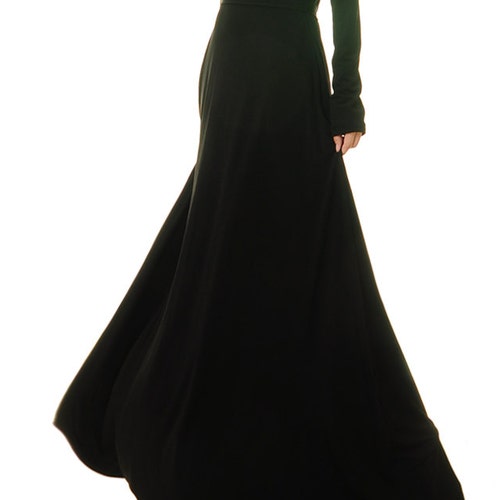 Long Sleeves Long Black Dress Fit Flare ...