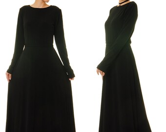 Long Sleeves Long Black Dress Fit Flare 