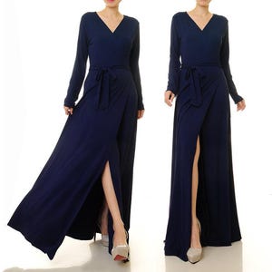 Abito avvolgente a maniche lunghe in blu navy / Abito lungo blu navy con tasche / Abito da damigella d&#39;onore da donna / Abito da sera blu navy / Abito da cocktail incrociato 6514