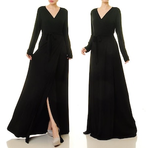 Black Wrap Dress Long Sleeve | Black Cocktail Dress Evening Dress | Long Black Dress | Plus Size Wrap Dress Maxi | Wedding Guest Dress 6516