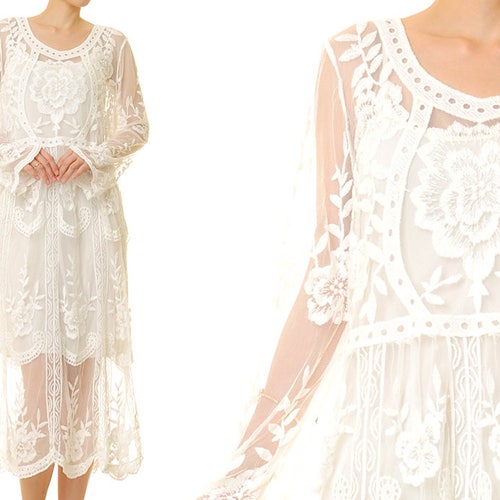 Ivory White Boho Lace Dress | Bohemian Bridal Dress | Simple Wedding Dress Long Sleeve | Engagement Dress | Bridal Beach Wedding Dress 8189