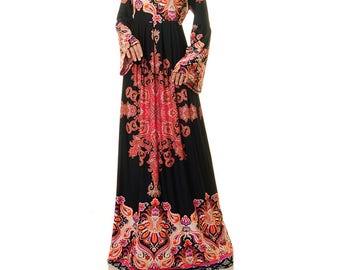 Boho Maxi Dress Bell Sleeves | Bohemian Dress | Festival Dress | Ethnic Print Dress | Hippie Dress Costume | Gypsy Goddess Dress 6430/2070