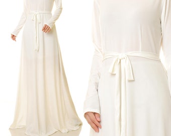 Off White Maxi Dress | Long White Dress | Creamy White Gown Long Sleeve | White Abaya Dress Fit Flare | Casual Wedding Dress 6433