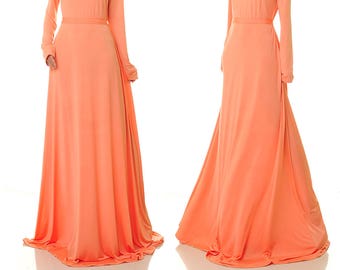 Orange Maxi Dress | Orange Bridesmaid Dress | Abaya Maxi Dress | Orange Dress Long Sleeves Maxi Dress | Orange Wedding Dress 6439