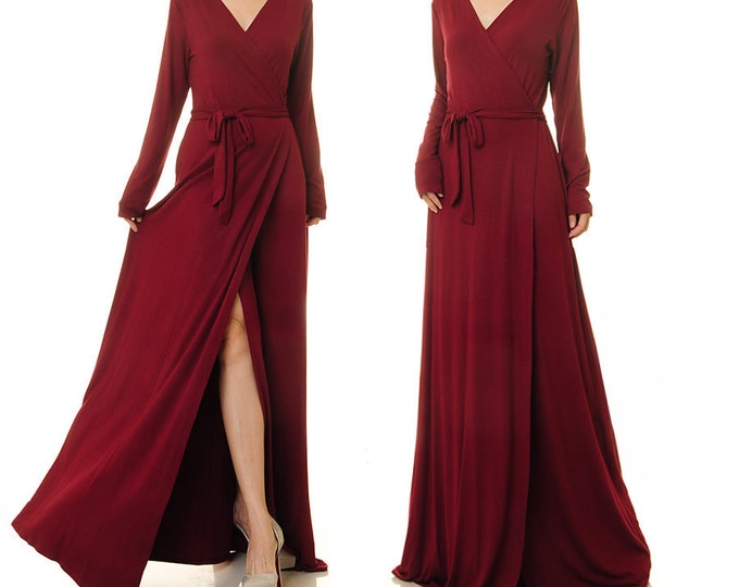 Burgundy Dress Wrap Dress Long Sleeve ...