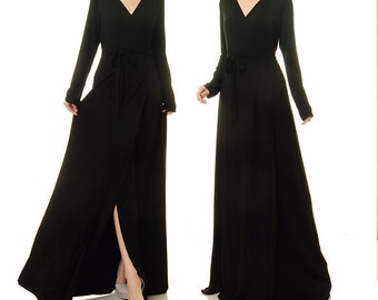 Black Wrap Dress Long Sleeve | Black Cocktail Dress Evening Dress | Long Black Dress | Plus Size Wrap Dress Maxi | Wedding Guest Dress 6516