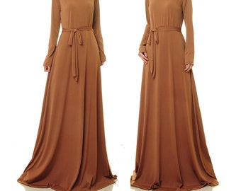 Brown Maxi Dress Long Sleeve | Swing Dress | Brown Evening Dress Abaya | Plus Size Maxi Dress | Fit Flare Maxi Dress | Long Sleeve Gown 6499