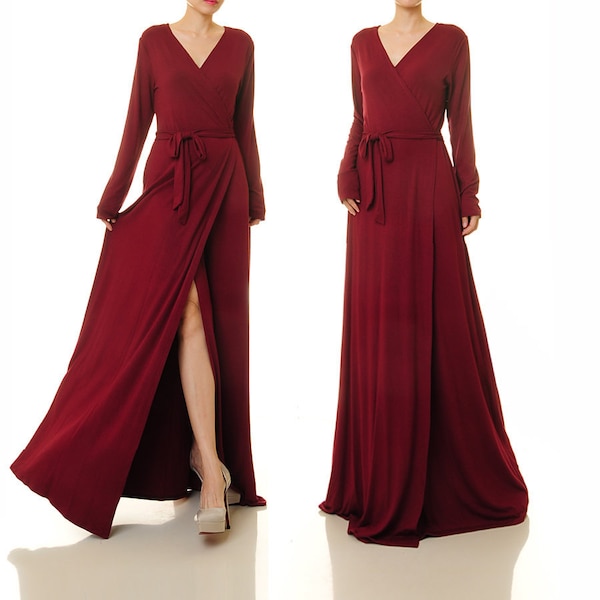 Robe portefeuille à manches longues en Bordeaux | Robe longue rouge | Robe Bordeaux Femme | Robe de soirée formelle robe rouge | Robe de Cocktail Rouge Vin 6513