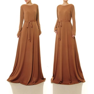 Brown Maxi Dress Long Sleeve | Swing Dress | Brown Evening Dress Abaya | Plus Size Maxi Dress | Fit Flare Maxi Dress | Long Sleeve Gown 6499