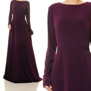 Long Sleeve Purple Maxi Dress Fit Flare Dress Formal Purple Plum Evening Dress Purple Gown Wedding Party Dress Modest Abaya Dress 6432 image 2