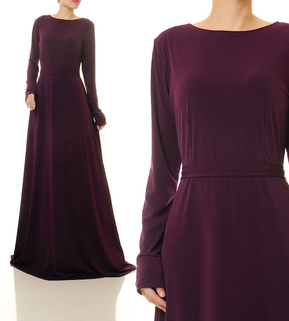 Long Sleeve Purple Maxi Dress Fit Flare 