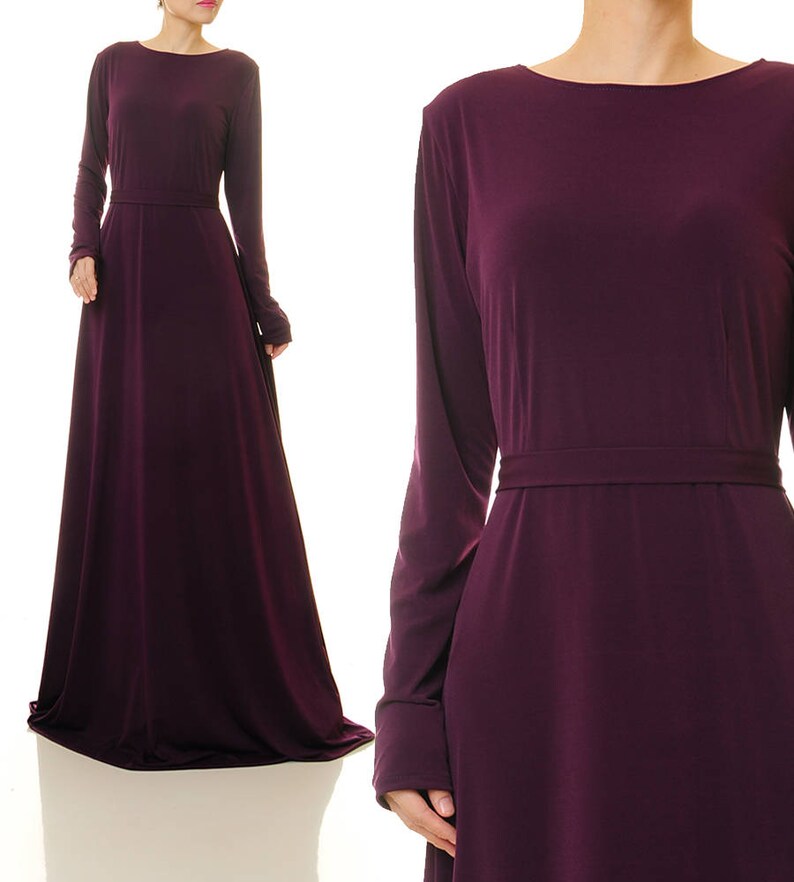 Long Sleeve Purple Maxi Dress Fit Flare Dress Formal Purple Plum Evening Dress Purple Gown Wedding Party Dress Modest Abaya Dress 6432 image 2