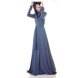 Slate Blue Hoodie Robe Pockets | Floor Length Dressing Gown | Kimono House Coat | Soft Knit Cozy Loungewear | Get Ready Robe Sleepwear 6716