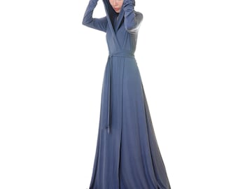Slate Blue Hoodie Robe: Soft Knit Loungewear Gown with Pockets