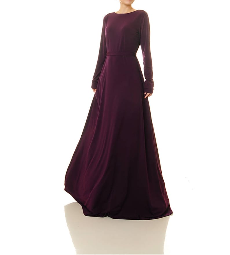 Long Sleeve Purple Maxi Dress Fit Flare Dress Formal Purple Plum Evening Dress Purple Gown Wedding Party Dress Modest Abaya Dress 6432 image 1