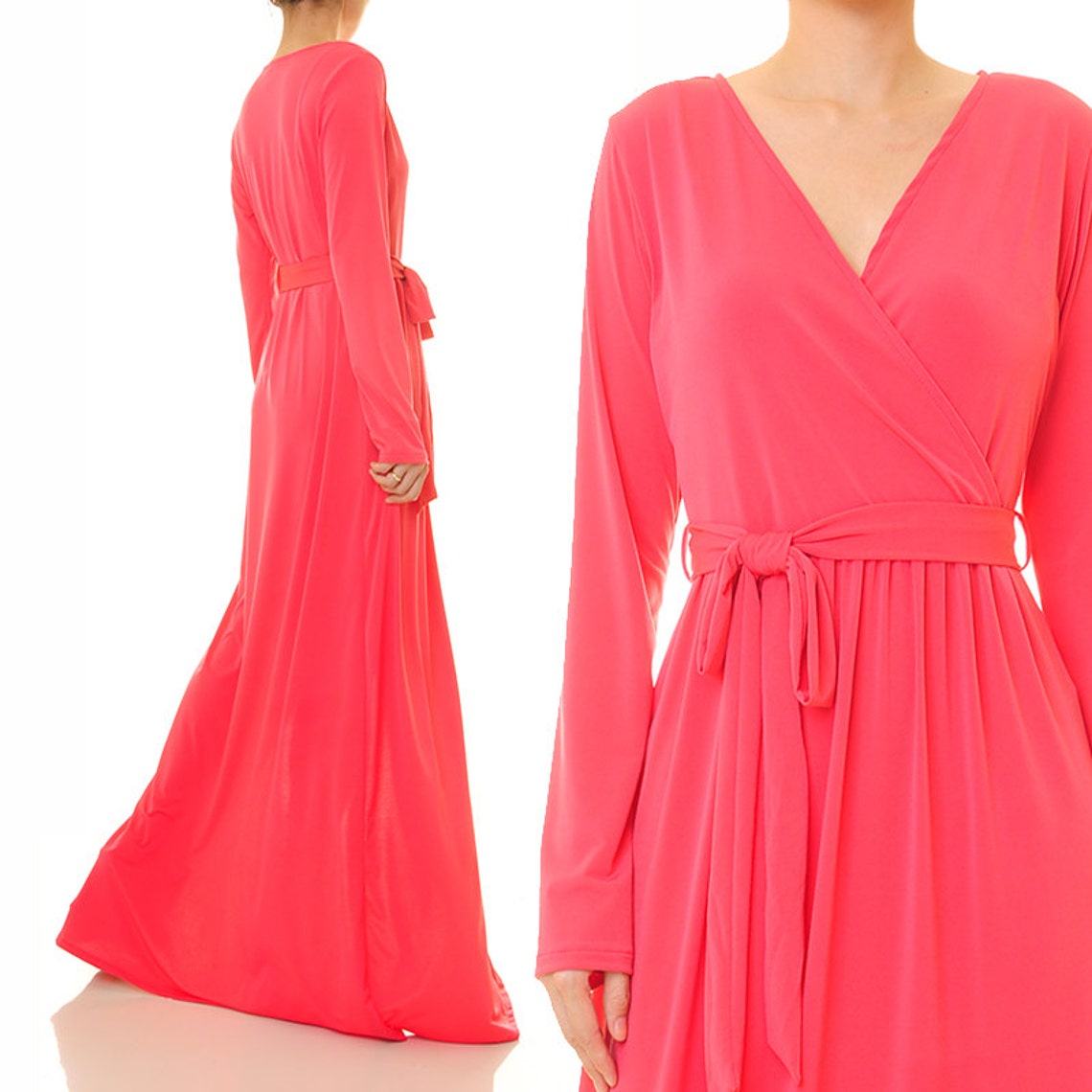 Long Sleeve Maxi Dress Pink Dress Slit Dress Abaya Maxi Etsy