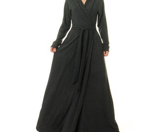 Charcoal Grey Shawl Collar Kimono Robe: Bamboo Loungewear Wrap Dress