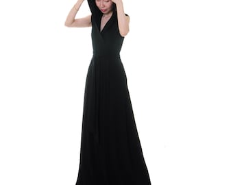 Black Hooded Maxi Dress: Sleeveless Kimono Robe Vest, Gothic Festival Gown