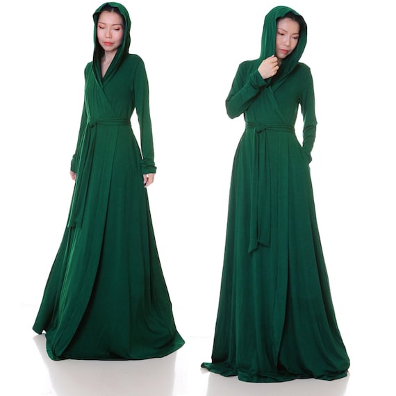 Emerald Green Hood Robe Floor Length Hoodie Kimono Dressing Gown Getting Ready Robe Housecoat Hunter Green Medieval Hooded Robe 6717 Etsy UK
