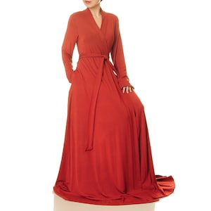 Badjas terracotta bamboe: kimonoloungekleding tot vloerlengte