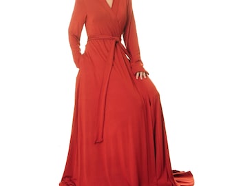 Terracotta Bamboo Robe: Floor Length Kimono Loungewear