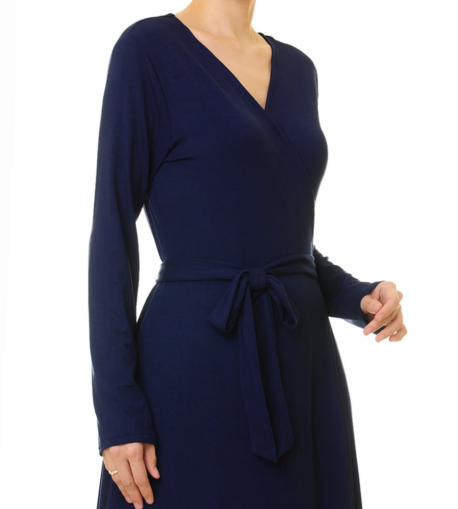 fitted lace wedding dress CurveWow Long Pleat Sleeve Wrap Dress Plain Navy – Curvewow