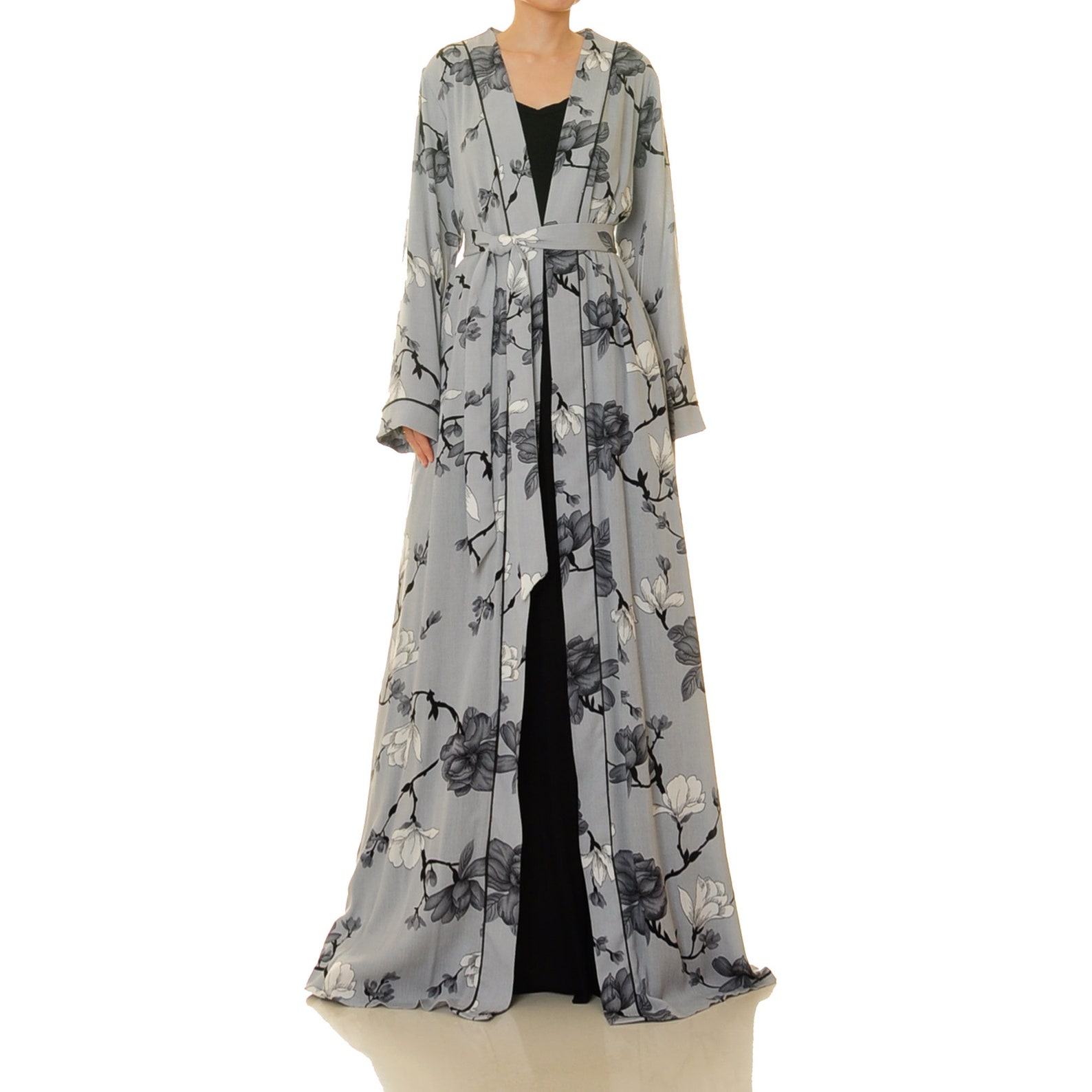 Grey Floral Kimono Robe Long Sleeve Boho Loungewear Open Etsy