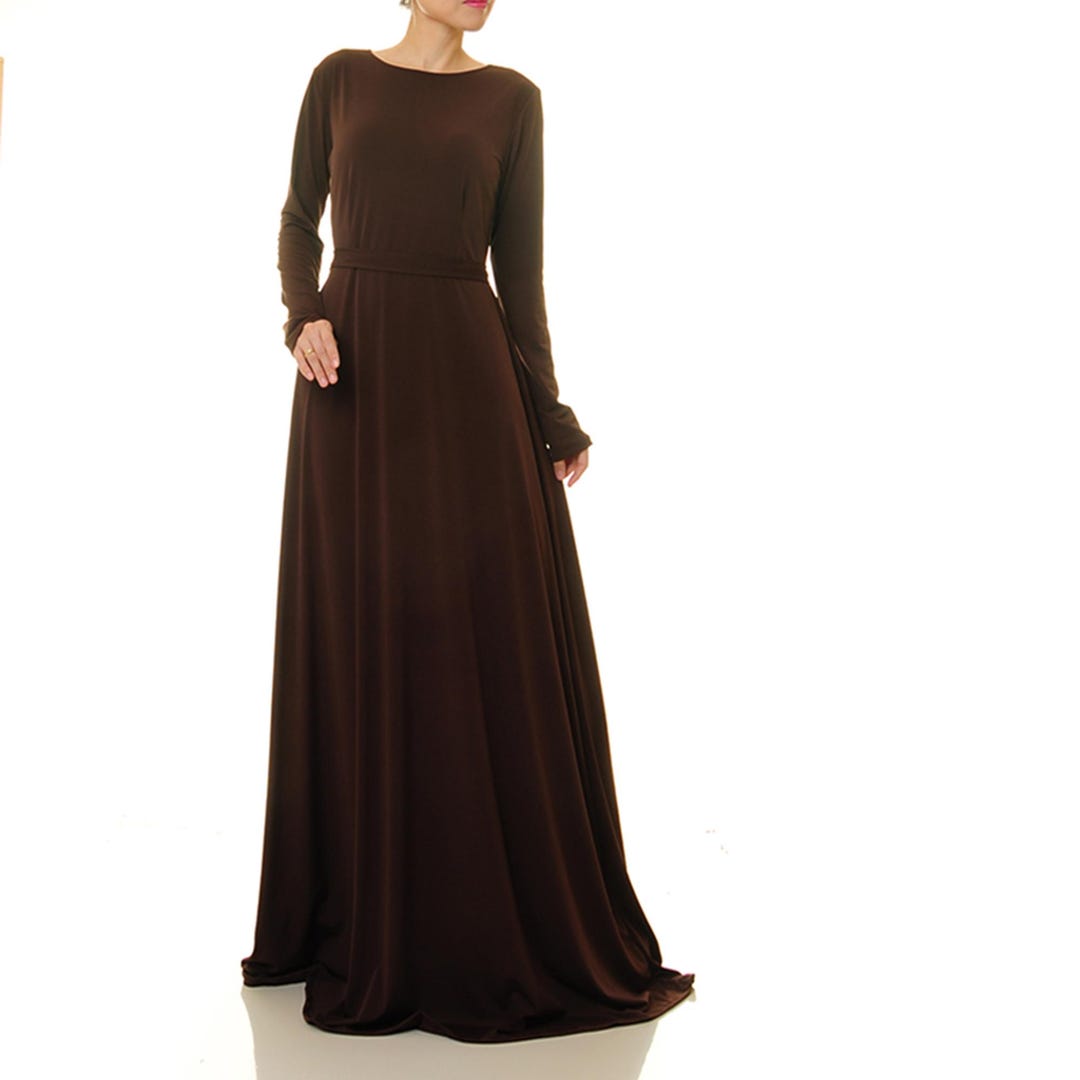 brown maxi dress with sleeves Long Sleeve Draped Maxi Dress Brown