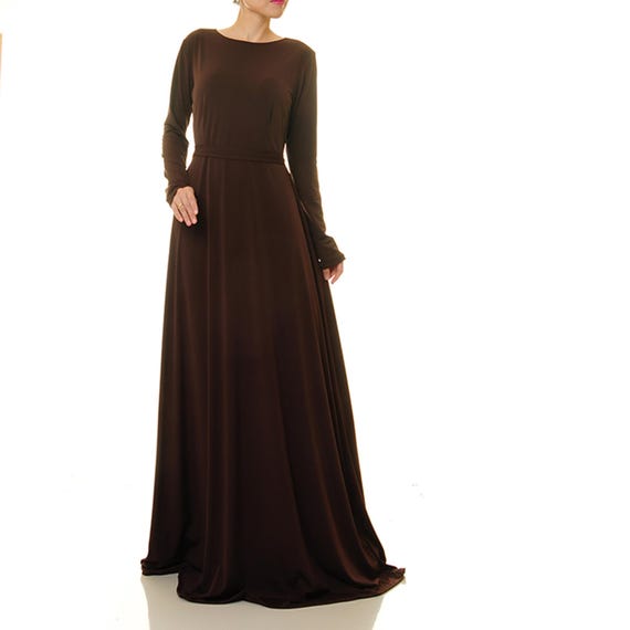 knee length dresses for ladies Ginevra Velvet Long Sleeve Cut Out Maxi Dress in Chocolate Brown main image 0