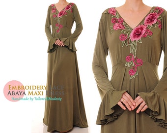 Green Abaya Maxi Dress Long Sleeve | Olive Dress | Boho Dress | Plus Size Maxi Dress | Green Maxi Dress Bohemian L 2930