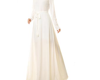 Off White Maxi Dress | Long White Dress | Creamy White Gown Long Sleeve | White Prom Dress Fit n Flare | Casual Wedding Dress 6433