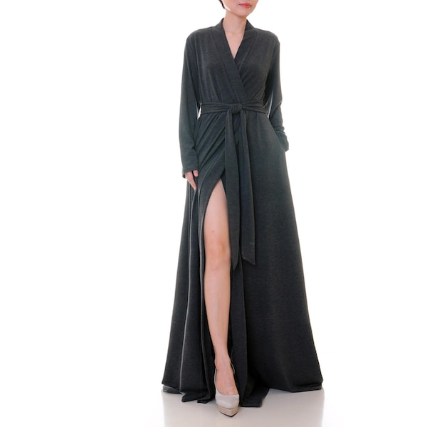 Charcoal Grey Kimono Robe: Vintage Style Long Wrap Loungewear