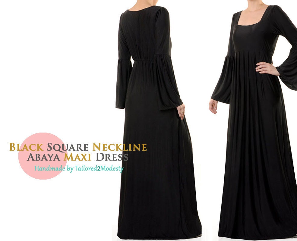 Square Neckline Black Abaya Dress Long 