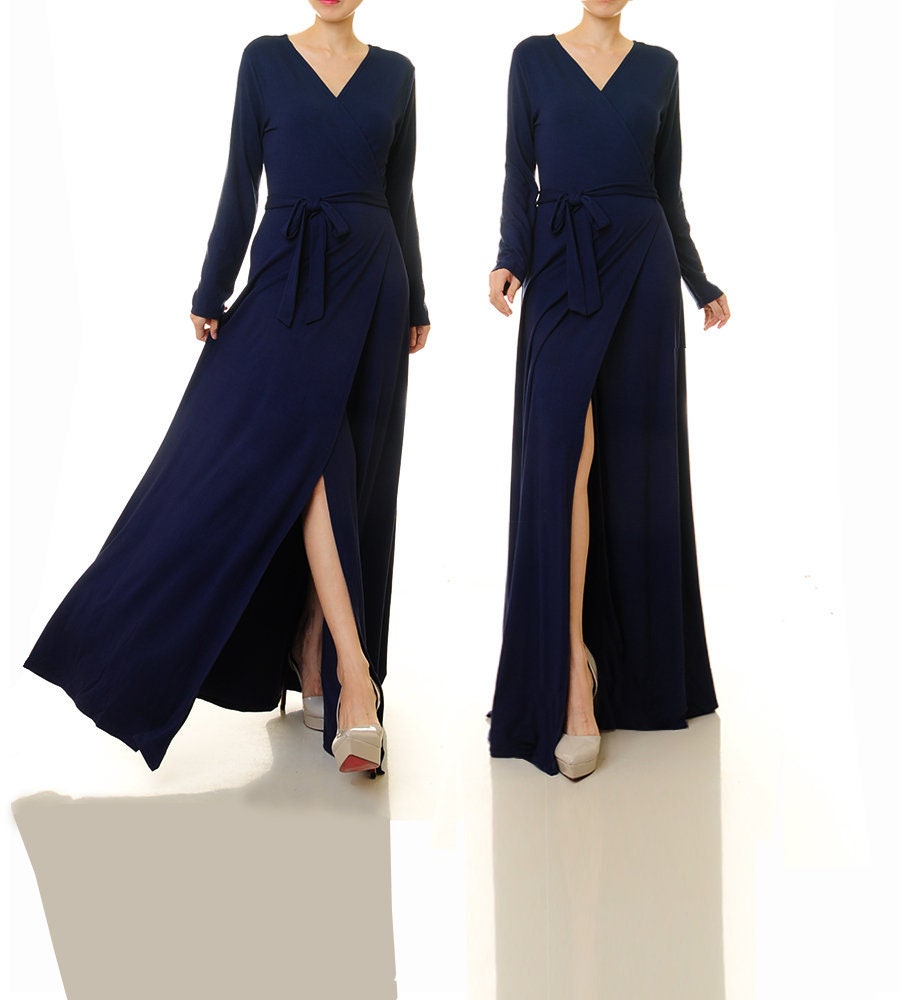 Navy long wrap dress clearance