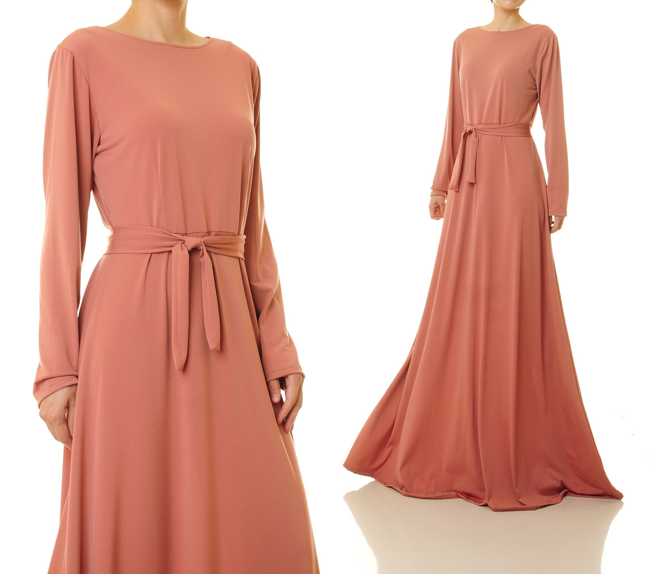 Dusty Coral Dress Long Sleeve Maxi 